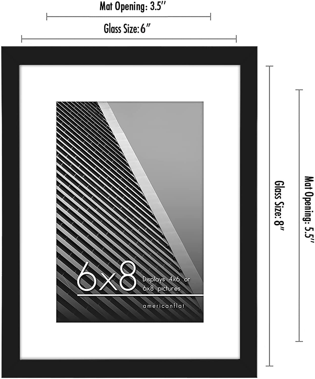 Americanflat 6x8 Picture Frame with Mat for 4x6, Plastic and shatter-resistant glass, Black