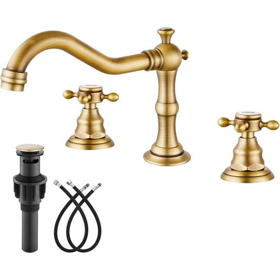 Zovajonia Hole Widespread Bathroom Sink Faucet 2 Cross Handles Vintage Lavatory Vanity Mixer Tap with Pop Up Drain, Antique Brass