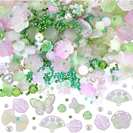 1 set 1 box 200G Acrylic Green Assorted Beads Aesthetic Bead Kits 2mm 4mm 8mm Bulk Pink White Rose Leaf Butterfly Round Crackle Beads for Jewelry Making Keychains Necklace Christmas Adults