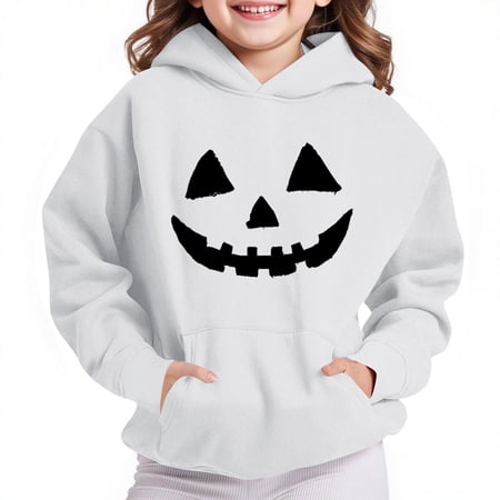 Nmnitkp Cute Sweatshirts Halloween Print Boys Hooded Sweatshirt Fleece Girls Sweatshirts Pullover Hoodies Long Sleeve Warm Hoodie Sweatshirts with Pocket for Kids White 5 Years