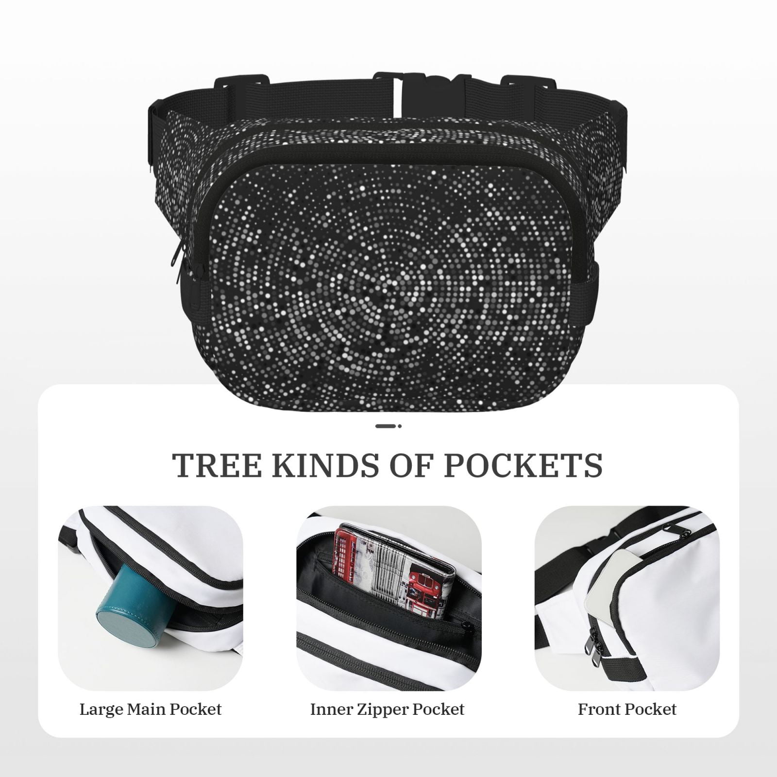 Picia Black And White Dotted Print Square Double-Layer Waist Bag Mini Adjustable Waist Belt Bag Exercise Running Travel Hiking