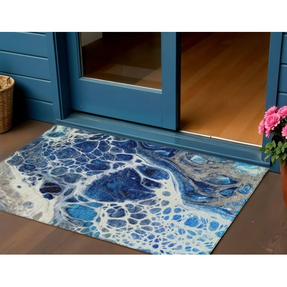 3' X 5' Navy Blue And Gray Nautical Washable Indoor Outdoor Area Rug