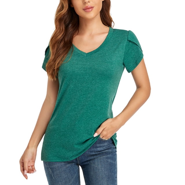 Hukapapa Camiseta de manga corta con cuello en V sólido Top de verano para mujer de manga corta,,s,
