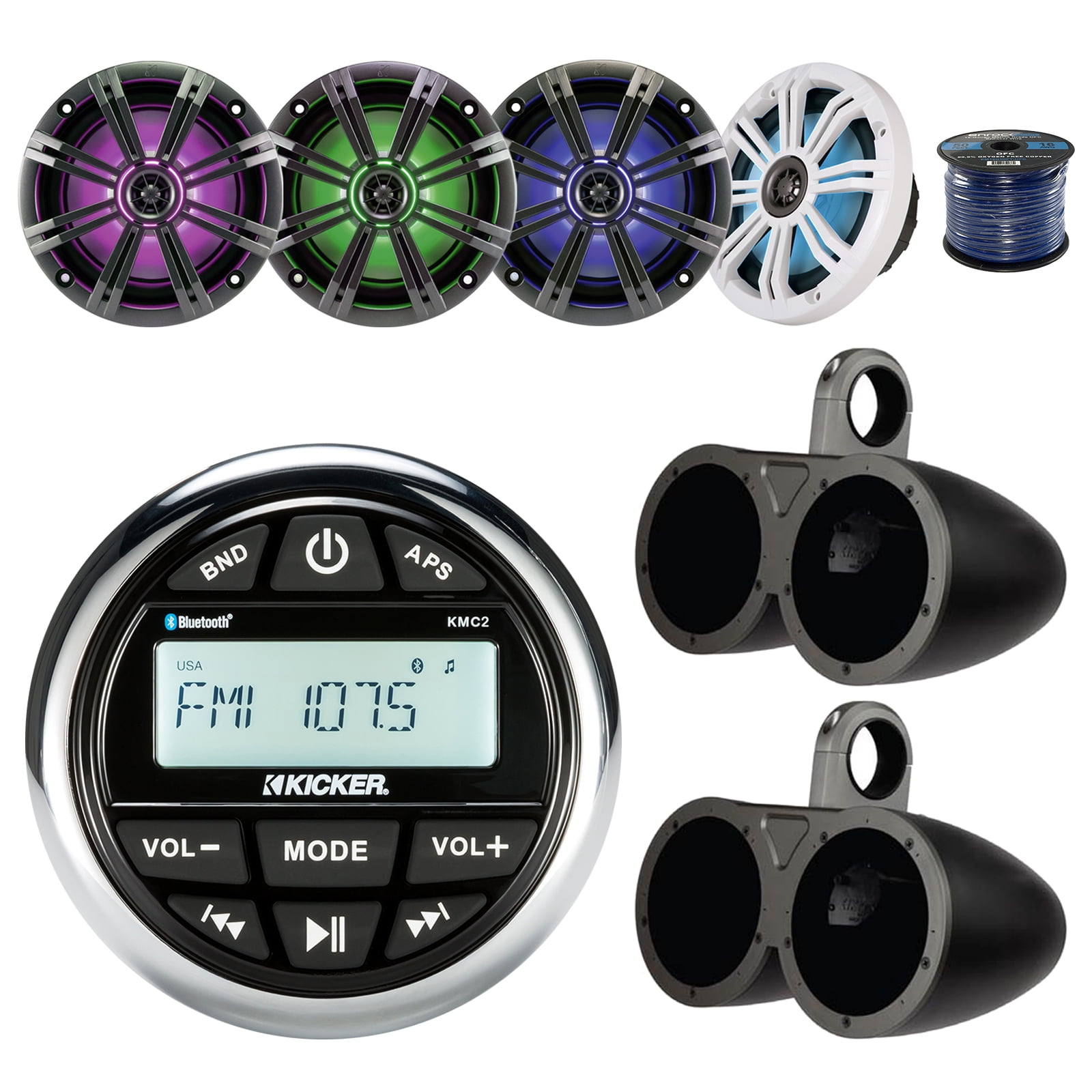 Kicker Gauge Marine Grade Receiver, 4x Kicker 6.5 Inch KMSeries LED