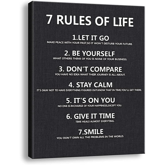 7 Rules of Life Wall Art Motivational Poster Printed on Canvas Wall Decor for Living Room Bathroom Size11.5 x 15 Inch - For Bedroom or Home Office Framed Art Decoration Ready to Hang