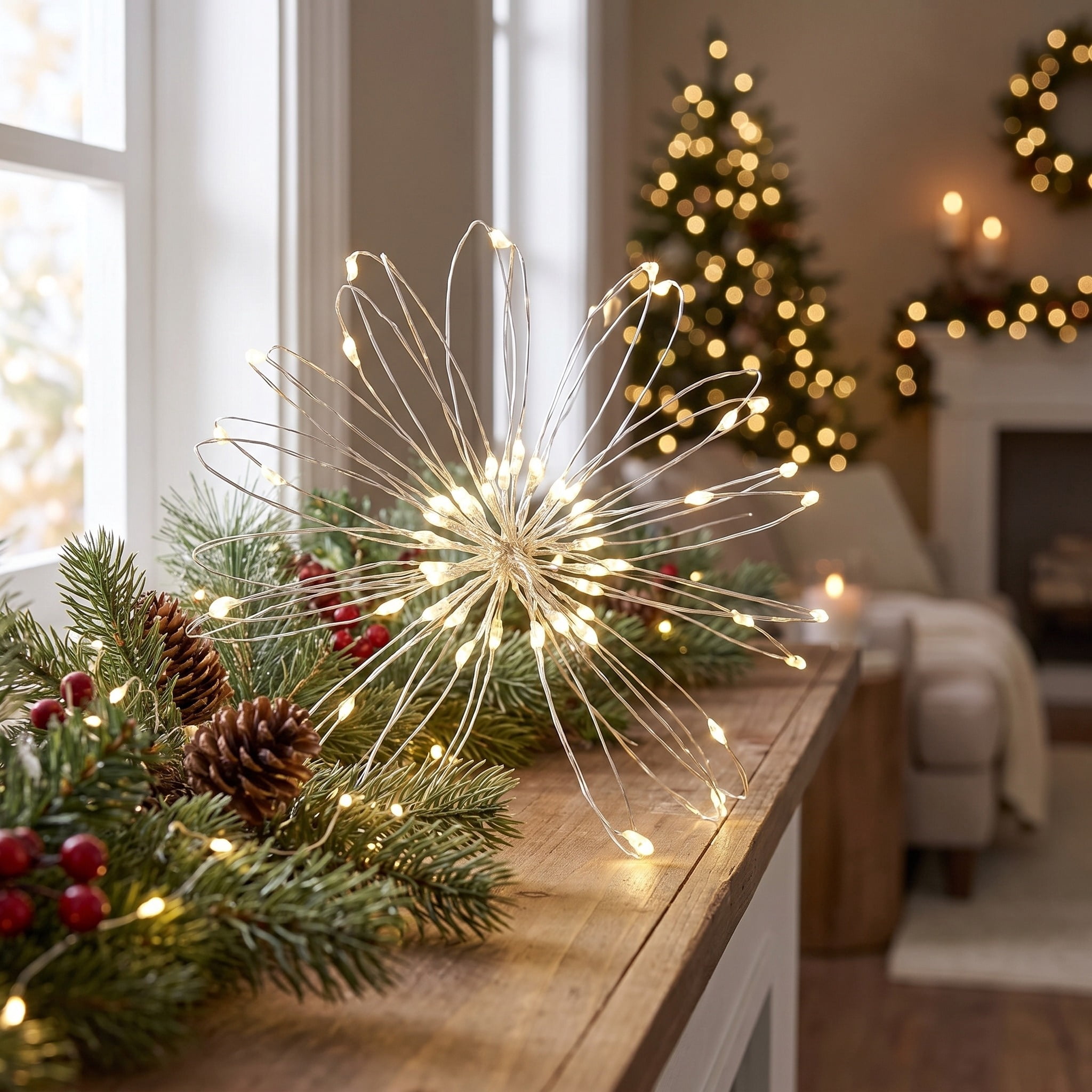 Indoor 25-Count Battery-Operated LED 3-Function Ultra Slim Wire Christmas String Lights, Warm White, Silver Wire, 8', by Holiday Time