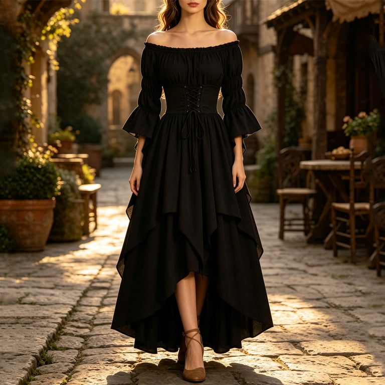 DDAPJ pyju Women Off Shoulder Dress Flowy Maxi Dresses Renaissance Fairy Dress Lace Up Ruffle Flare Sleeve Dresses Medieval Costume Victorian Dresses Black XL