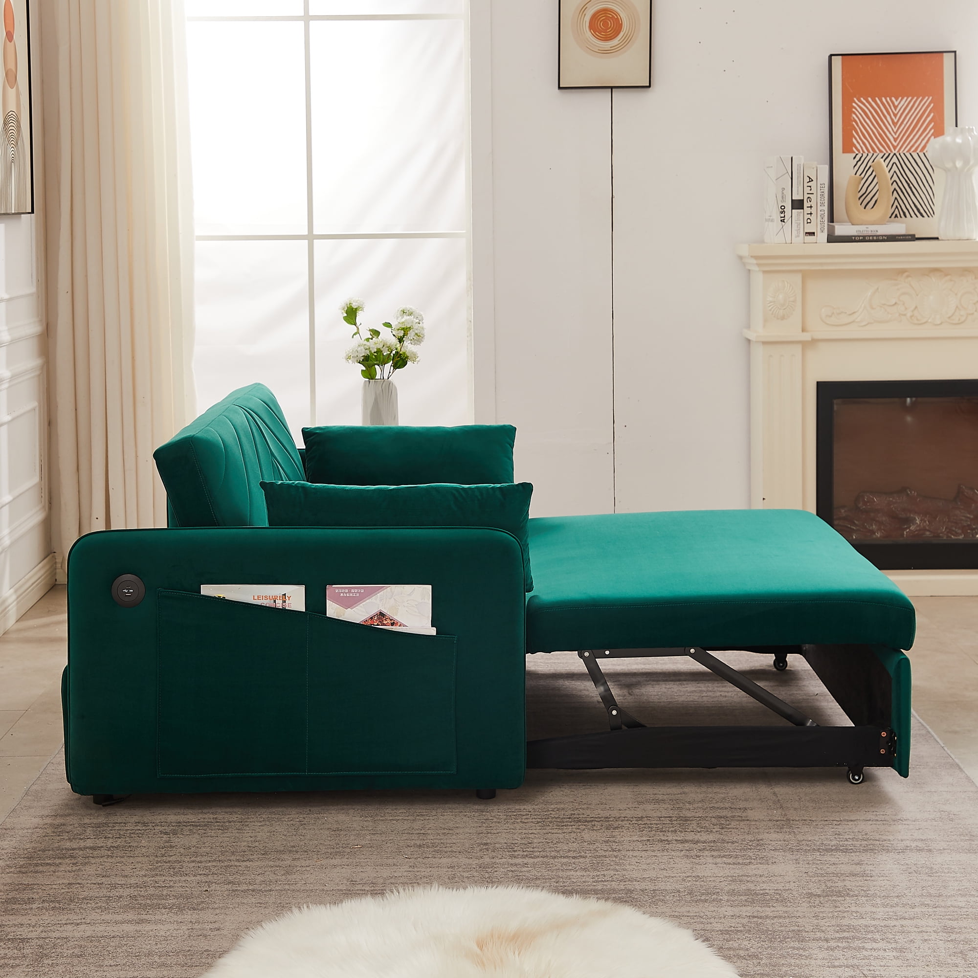 55" Convertible Sleeper Sofa Bed,3 in 1 Convertible Sleeper Loveseat with USB Ports,Modern Velvet Pull Out Sofa Bed with 2 Pillows and Rivet Design for Living Room Furniture,Green
