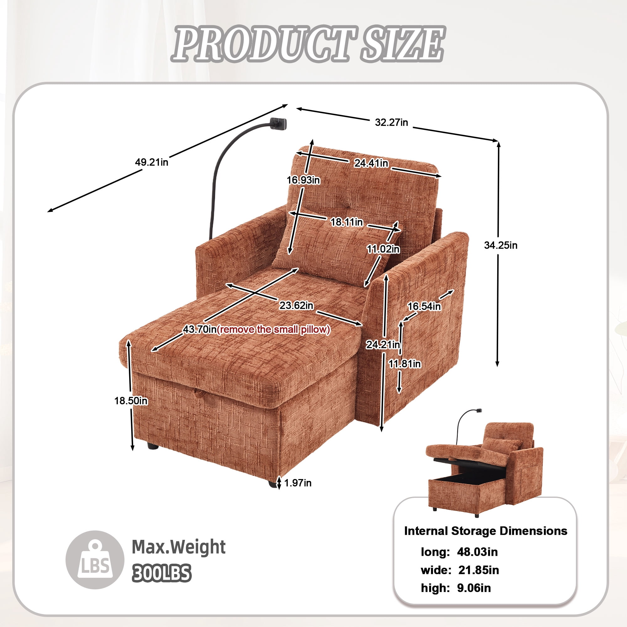 Aukfa Storage Chaise Lounge Single Sofa with Phone Holder and Pillow for Living Room Bedroom, Chenille, Orange