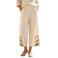 thumbnail image 2 of Utoimkio Women's Cropped Pants Linen Elastic Waist Floral Embroidery Capri Trousers with Side Pockets for Summer Beach Daily Walk, 2 of 9