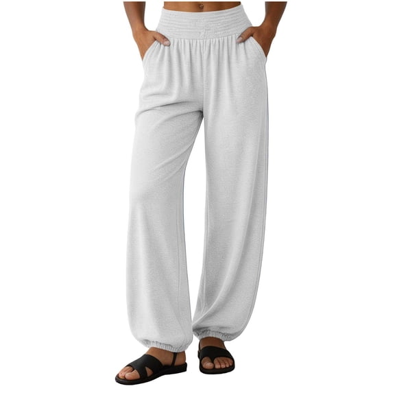 Khunlpohl Womens Elastic Waist Pants Solid Color Casual Loose Joggers Pants Lounge Travel Vacation Trousers with Pockets