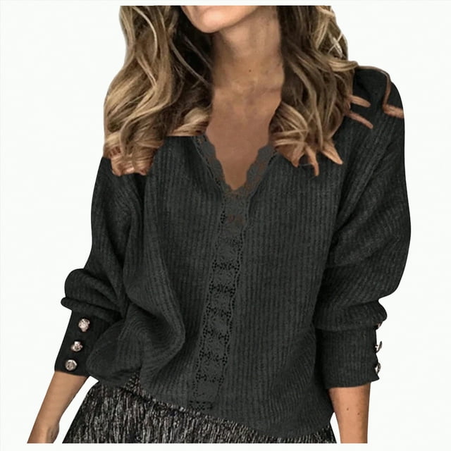 Splozh Plus Size Sweaters Women Solid Color V Neck Lace Stitching Buttons Long Sleeves Sweater Black,3XL