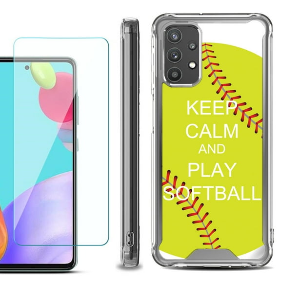 Shockproof Bumper Phone Case for Samsung Galaxy A52 5G, with Tempered Glass Screen Protector, by OneToughShield ® - Keep Calm Softball