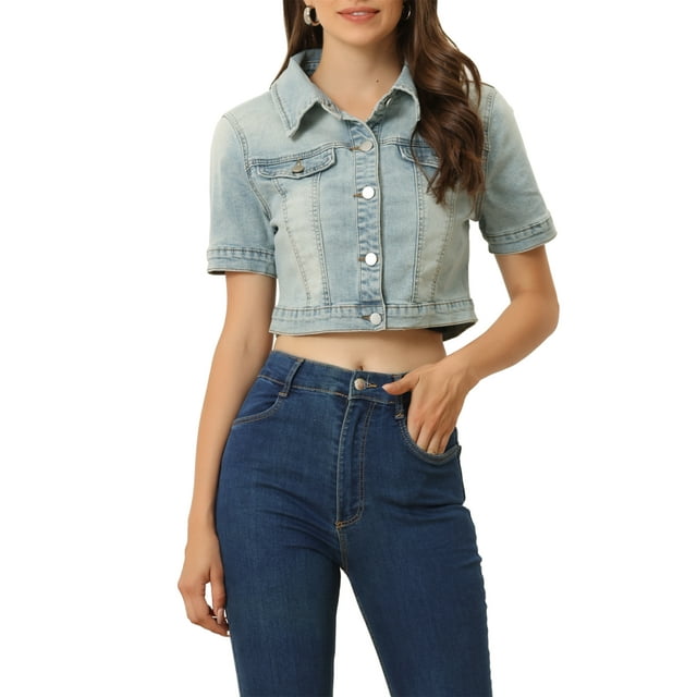 INSPIRE CHIC Mother's Day Women's Cropped Denim Jacket Short Sleeve Button Front Jean Jacket XS Grey Blue