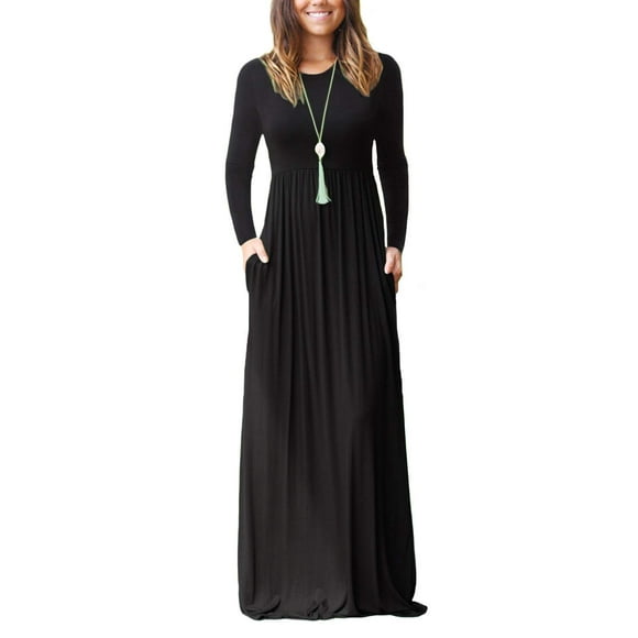 EUOVMY Maxi Dress for Women Black Small Round Neck Long Sleeve Wedding Guest A-line Plain Casual Loose Empire Waist Flowy Party Funeral Beach Vacation Spring Summer Sun Dresses with Pockets