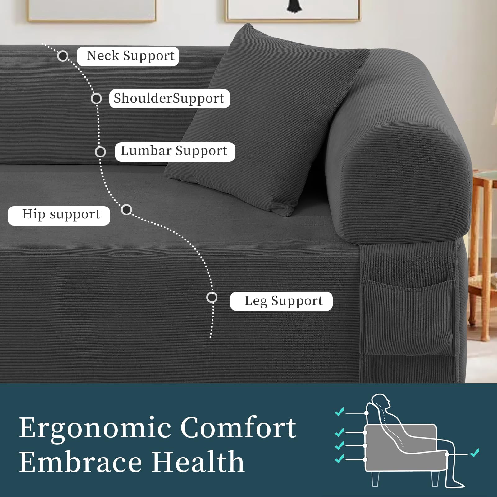 3-Seater Sofa, 83" No Assembly Deep Loveseat Couch in A Box, Spring & High-Elastic Sponge Filling Sofas with 2 Cushions & Side Storage Pockets for Living Room Apartment, Gray