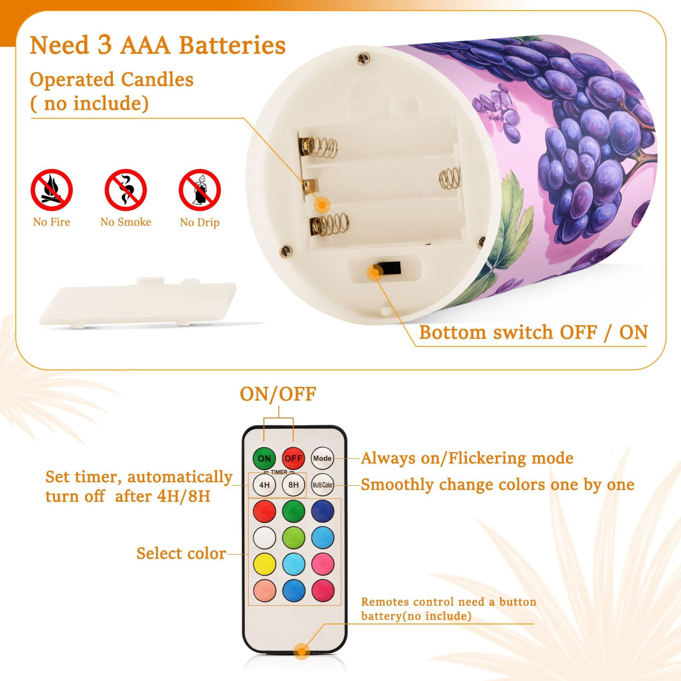 Purple Grapes Flickering Flameless Candles Battery Operated with Remote Timer LED Pillar Candles Set of 2