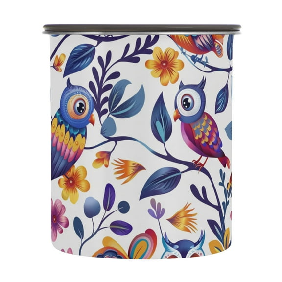Rainbow Owl Cartoon Airtight Coffee Bean Canister 30oz Food Storage Containers with Lids For Gournd, Tea, Sugar, Flour, Rice, Cereal, Candy Cookie Jar