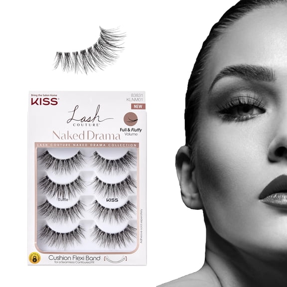 KISS Lash Couture Naked Drama Collection False Eyelashes Multipack 01 with Cushion Flexi Band, Style 'Ruffle', Full & Fluffy Volume, 4 Pairs Fake Eyelashes C63
