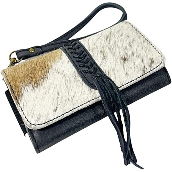 Stitched Fringe Leather Cowhair Clutch Wallet Phone Holder