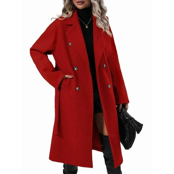 Women'S Wool Pea Coat Double Breasted Fleece Trench Coat Mid Long Winter Wool Blend Overcoat Dressy Outfit Red XL