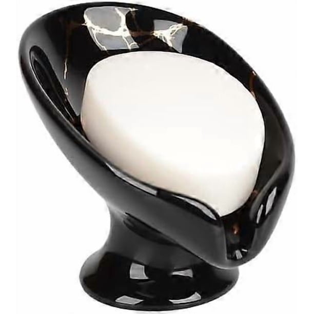 Soap Dish, Ceramic Soap Holder Self Draining Leaf Shape Bar Soap Holder, Marble Look Black Drain Soap Dish Holder for Bathroom, Easy to Clean Keeps So