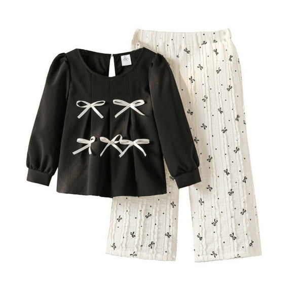 LYHaoo Girls Outfit Sets 3-4 Years,Girls Outfits Sets Autumn Fashion Korean Style Bow Long Sleeve Top With Wide Leg Pants Two Piece Outfit For Toddler Girls