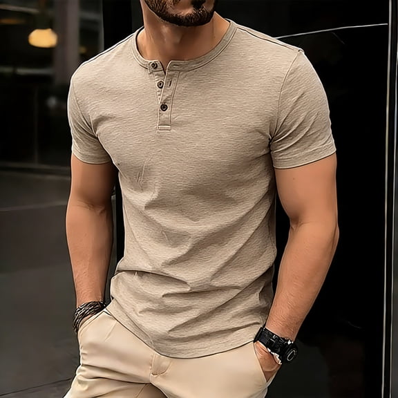 Zivyakyron Fitness Men T Shirts Gym Summer Cotton Tops for Men Button Henley Loose Solid Short Sleeve Clothes