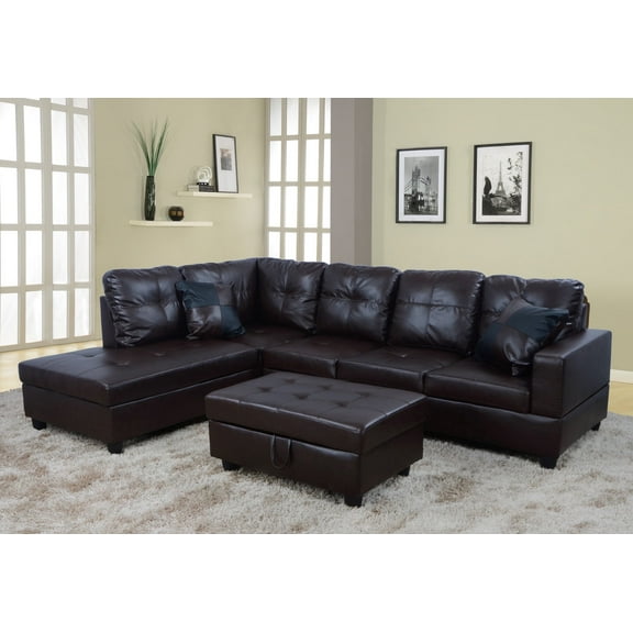 PonLiving Furniture Raphael Brown Faux Leather Left Facing Sectional Sofa With Ottoman PonLiving Raphael Brown Faux Leather Left Facing Sectional Sofa With Ottoman