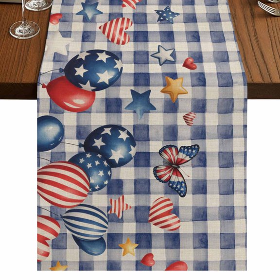 Table Runners 72 Inches Long Dress Scarves, Independence Day Farmhouse Kitchen Table Runner, Coffee Tablerunners, Flag Balloons Butterflies Blue Plaid 18x72 Inch