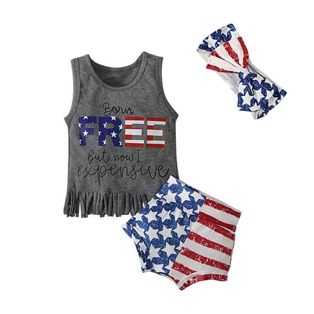 

YWDJ 12Months-4Years Fourth of July Girls 2 Piece Outfit Set Independence Day Star Stripe Vest Top Shorts Suit Gray 2-3Years