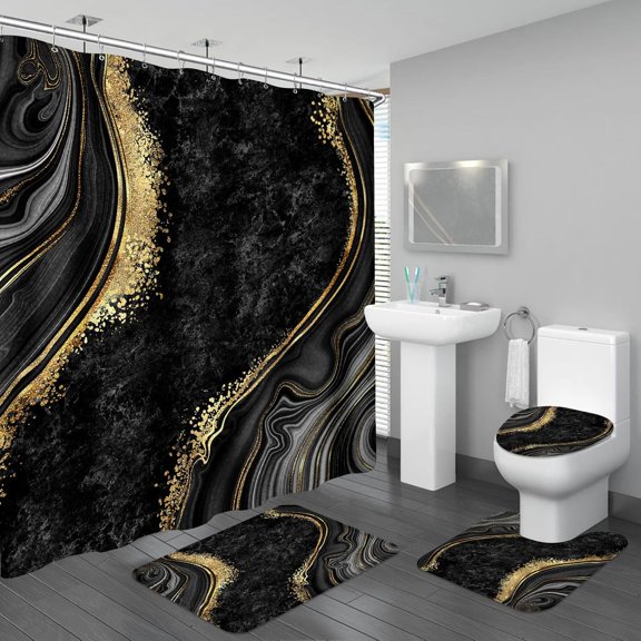 4PCS Purple Gold Marble Shower Curtain Sets with Rugs, Abstract Bathroom Sets with Shower Curtain and Rugs, Modern Bathroom Curtains Shower Set with Accessories for Bathroom Decor