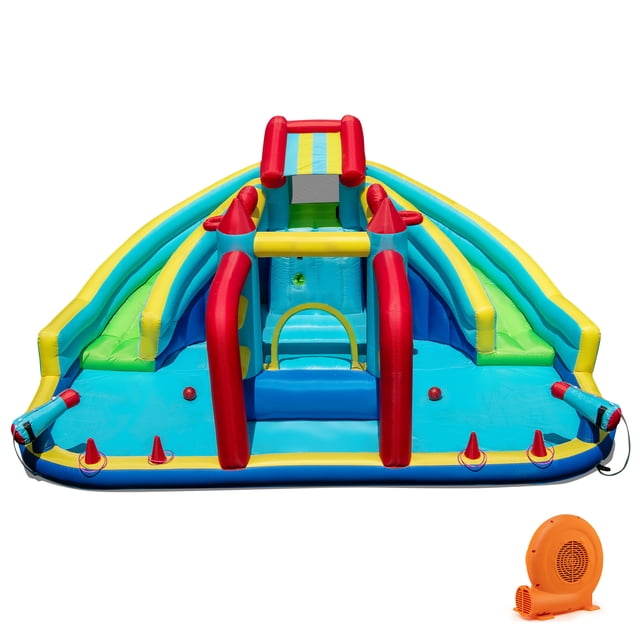 Patiojoy Inflatable Double Water Slide Park Giant Bouncy Castle w/ Obstacle Course 750W Blower Included