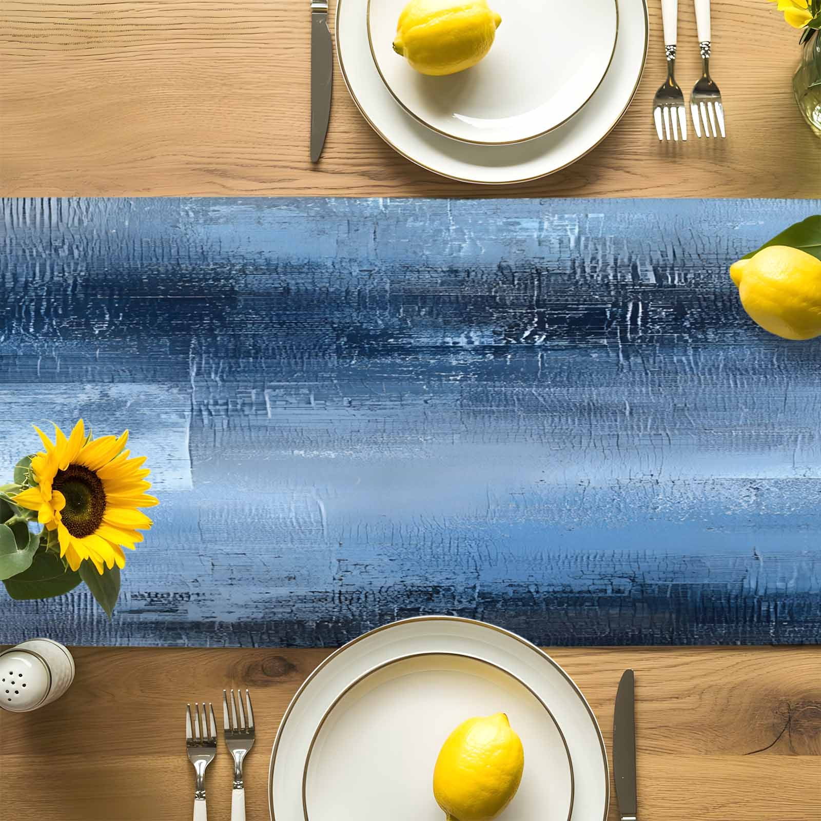 Abstract Blue Grey Oil Painting Table Runner 90 Inches Long, Retro Watercolour Ombre Art Table Runners Tabletop Scarf Kitchen Dining Tables Decoration for Home Party Indoor Outdoor