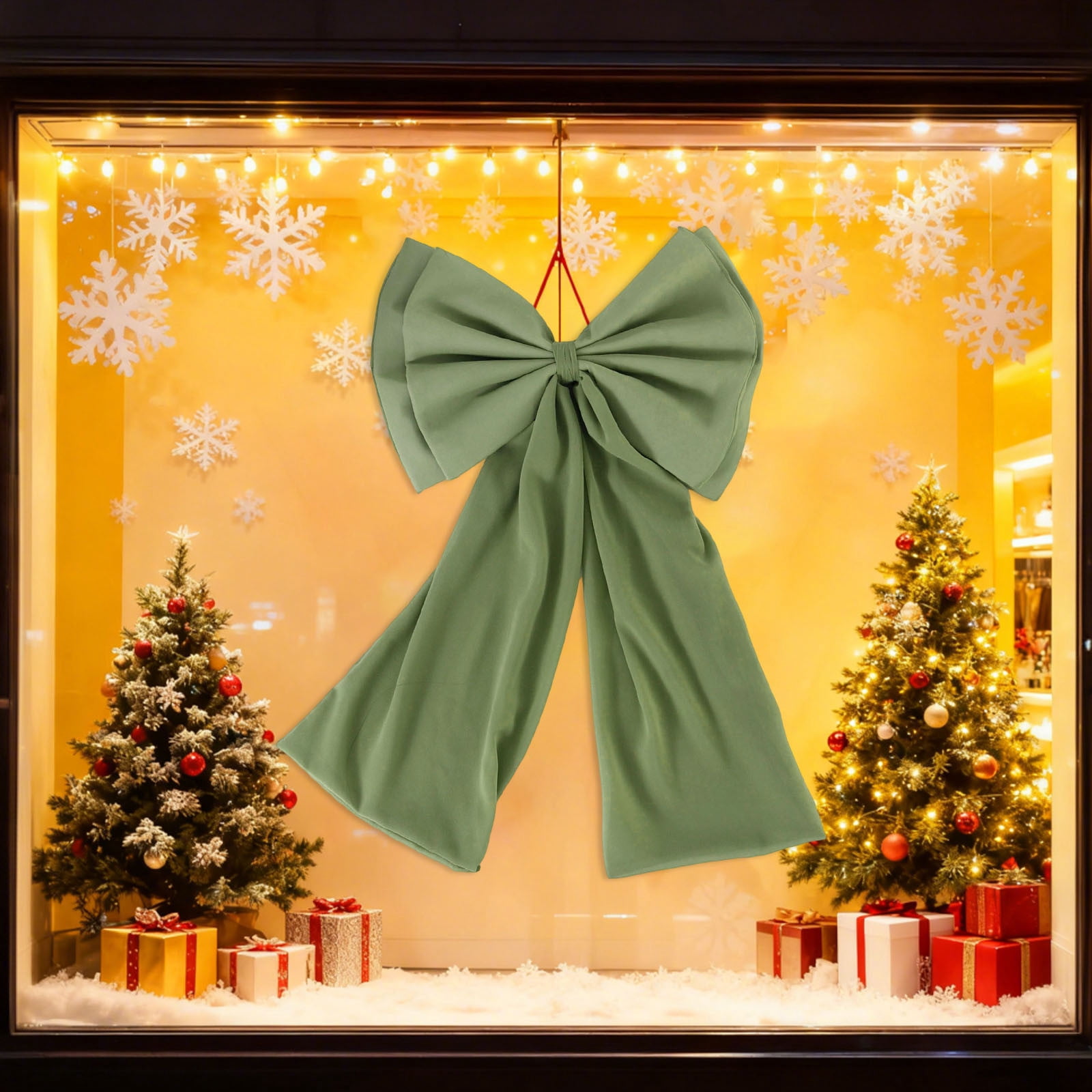 Green Holiday Double Layer Bow With Flowing Tails For Tree Or Wall Decor Pearl Chiffon Fabric Christmas Decoration For Home