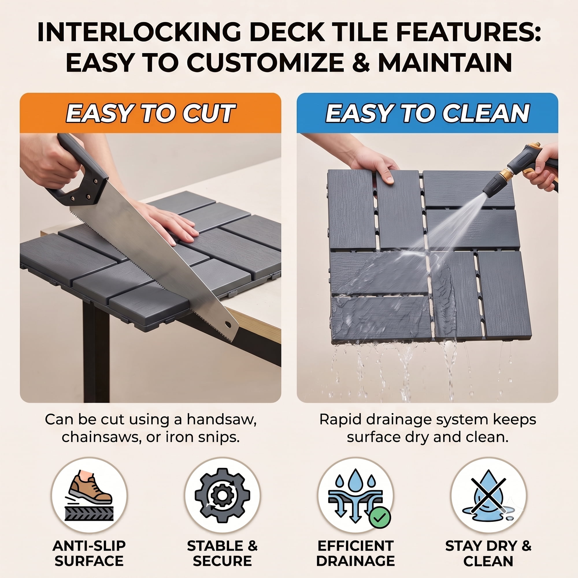Interlocking Deck Tiles 12x12 in, Waterproof Non-Slip Outdoor Patio Flooring with Drainage Design, Snap Together Tiles for Poolside Porch Garden Backyard, Gray, 44pcs
