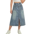thumbnail image 4 of Edvintorg Kids Clothes Girls Fashion Solid Color Casual A-Line Midi Jean Skirts Summer Denim Skirt with Front Slit, 4 of 8