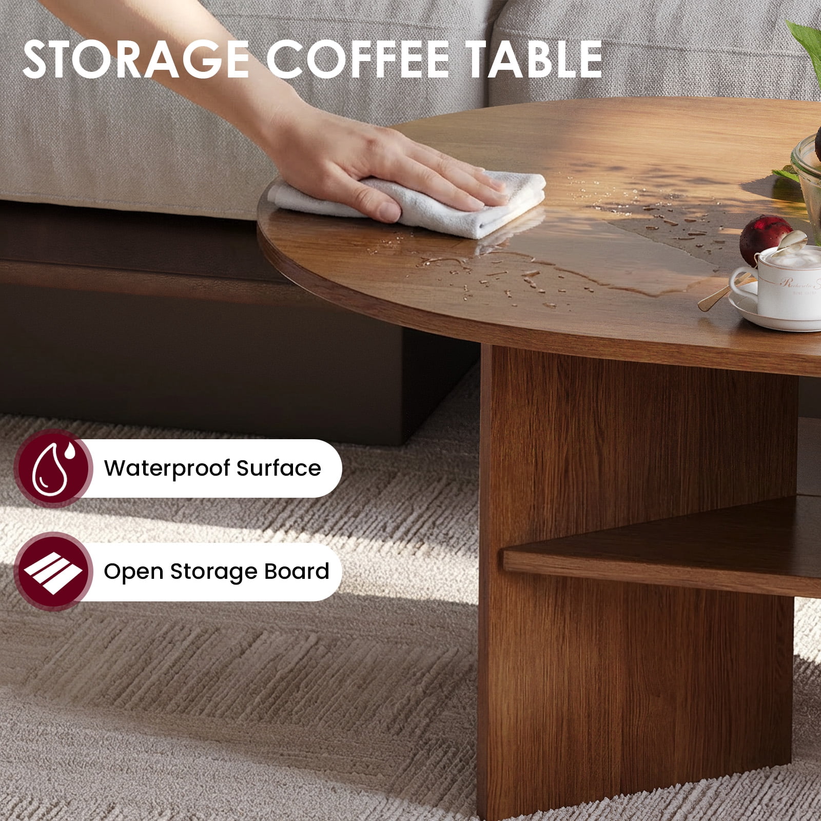 Gelloan 47" Modern Coffee Table,Oval Coffee Table,Double-layer Coffee Table with Sturdy Pedestal for Apartment,Living Room,Bedroom,Walnut