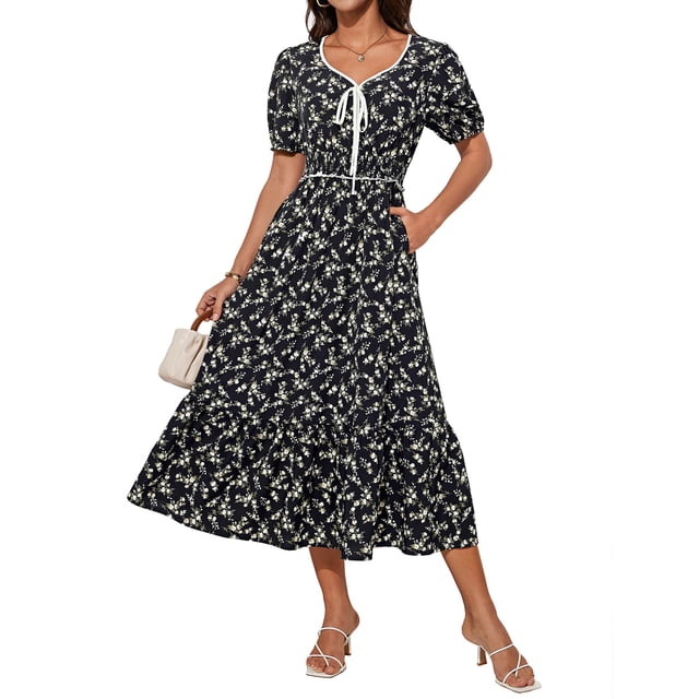 Vestido midi Grace Karin con estampado floral de manga corta para mujer