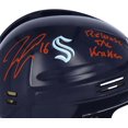 thumbnail image 2 of Jared McCann Seattle Kraken Autographed Deep Sea Blue Mini Helmet with "Release The Kraken" Inscription, 2 of 2