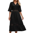 thumbnail image 1 of Robes Boho pour Femmes Col en V Dentelle Florale Ajourée Manches Mi-Longues Robe Midi Couleur Unie Décontractée Été Plage Robe d'Été, 1 of 5