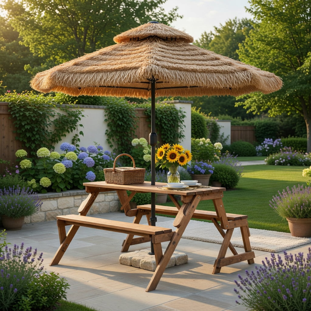 Hommoo 2-in-1 Transformable Wooden Picnic Table & Garden Bench with Umbrella Hole, Fir Wood Outdoor Furniture for Patio, Backyard, or Deck, Dark Brown