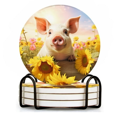 

BaHomeck Drink Coasters Set of 4 with Holder cute pig in a sunflower field Water Absorbent Ceramic Coasters Tabletop Protection Suitable for Various Cup Home Decor