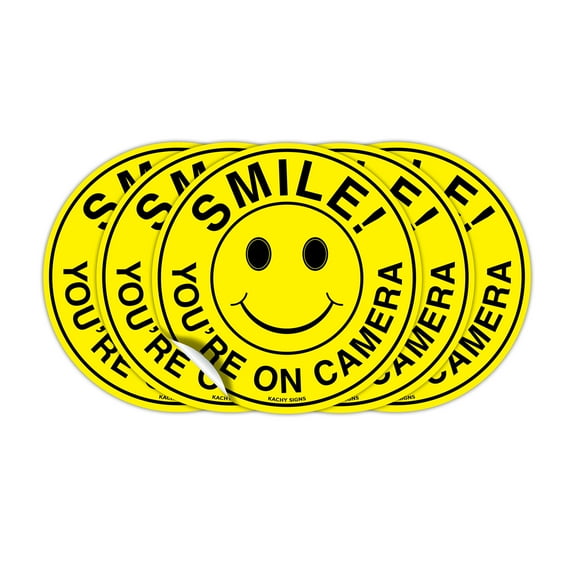 (Set of 5) Smile You're On Camera Stickers - 4.5" Circle - Durable Self Adhesive 4 Mil Vinyl - Laminated - Fade & Scratch Resistant - Waterproof - Private Property No Trespassing CCTV Security Sign