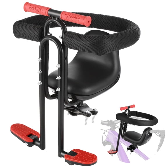 Front Mounted Bike Seat with Full Guardrail, Opening Safety Bar With Belt, Foldable Non Slip Footrests, Soft Foam Rail and Handlebar for Touring, City Rides