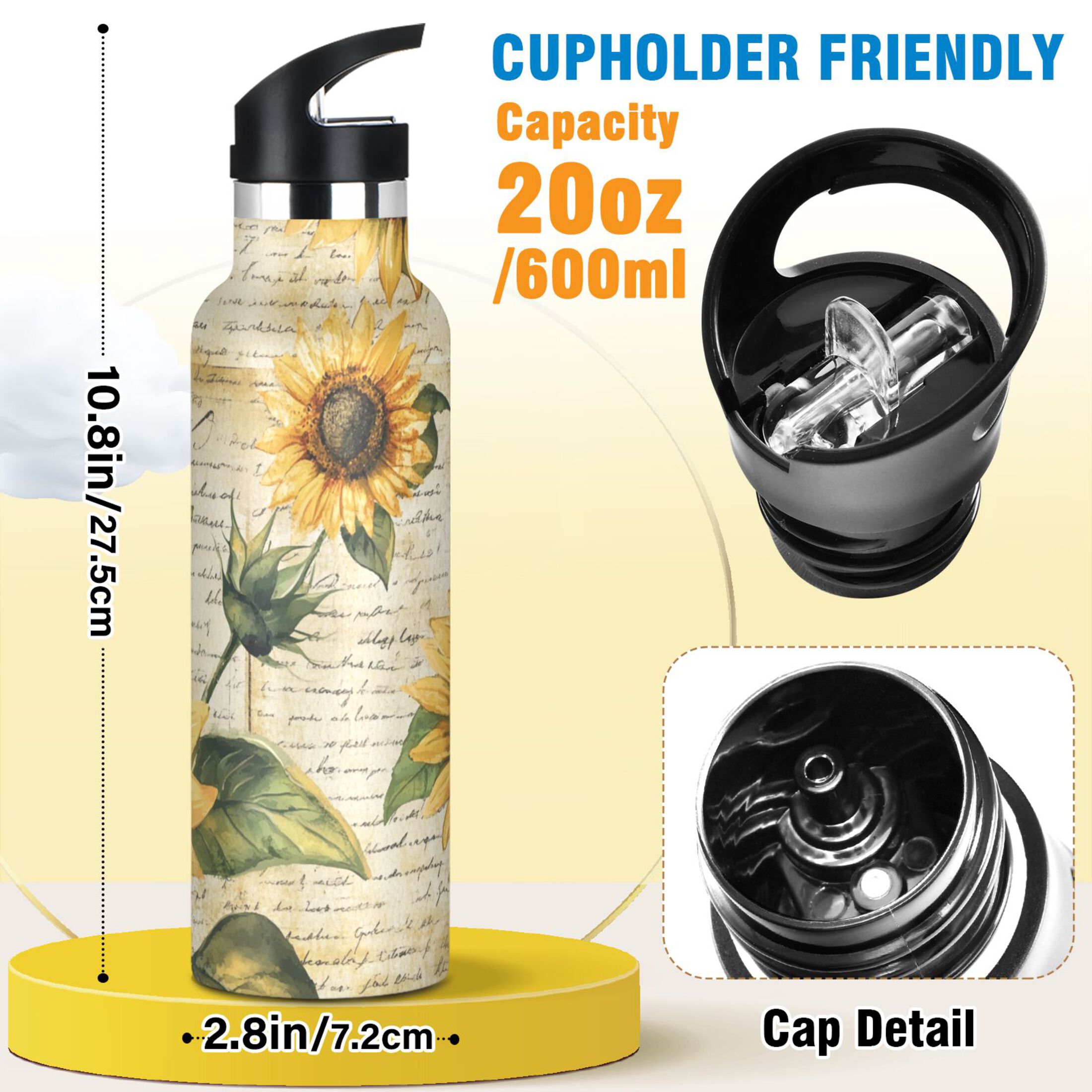 Kids Insulated Stainless Steel Sports Water Bottle 600ml (20oz) Vintage Sunflowers