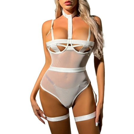 Yuhangmm Women s Underwear See Through Sexy Strap Hanging Socks Shaping Bodysuit Bustier Corset Lingerie Set for Women