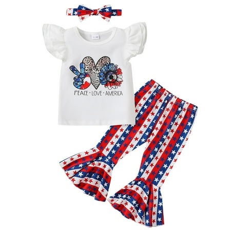 

Toddler Girls Fly Sleeve Independence Day 4th Of July Letter T-Shirt Tops Bell Bottoms Pants Outfits Kids Child Clothing Streetwear Dailywear Outwear