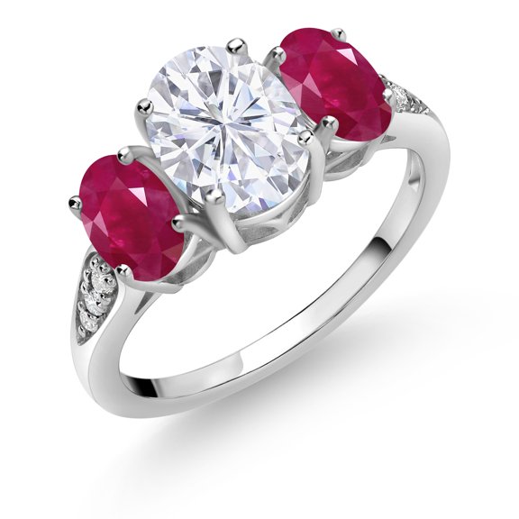 Gem Stone King 10K White Gold White Moissanite Red Ruby and White Lab Grown Diamond 3 Stone Engagement Ring for Women (2.74 Cttw, Gemstone Birthstone, Available in Size 5, 6, 7, 8, 9)