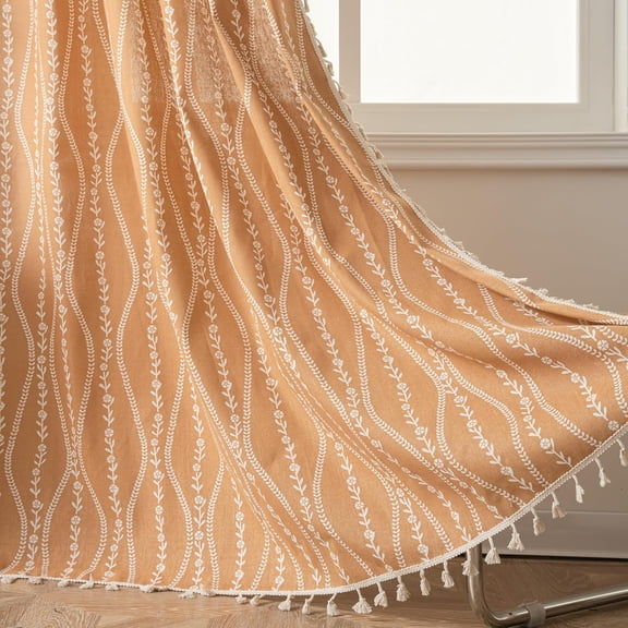 Boho Curtains 63 Inches Length for Bedroom Living Room, Printed Cotton Linen Rod Pocket Rustic Farmhouse Bohemian Tassels Window Treatment, 1 Panel 59" W x 63" L, Terracotta Stripe Florals